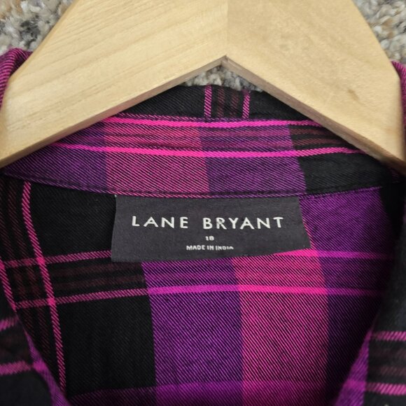 Lane Bryant‎ Top Womens Plus 18 Purple Plaid Button Up Blouse Elastic Waist - Picture 6 of 7